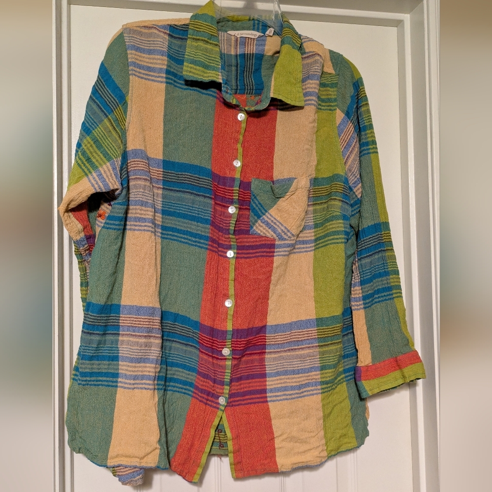 Soft Surroundings Multicolor Plaid An d Embroidery Top